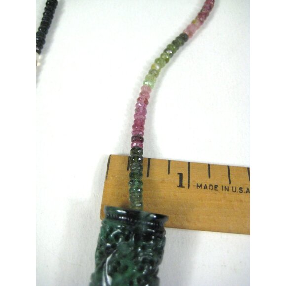 Tourmaline Faceted Bead Necklace Carved Jade Pendant Sterling Silver Clasp 18 In - Picture 5 of 13